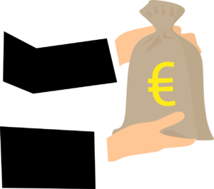 Dos brazos sostienen en el aire una pequeña bolsa con un símbolo de euro. Fuente: Pixabay.